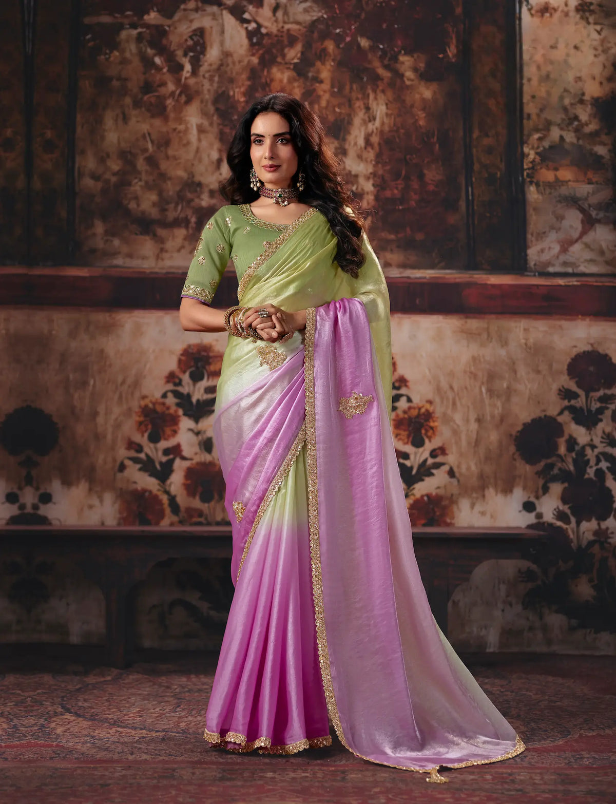 Lilac-Pastel Green Satin Embroidered Saree