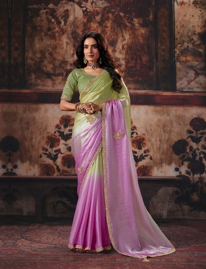 Lilac-Pastel Green Satin Embroidered Saree