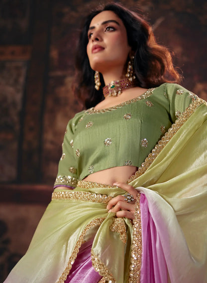 Lilac-Pastel Green Satin Embroidered Saree