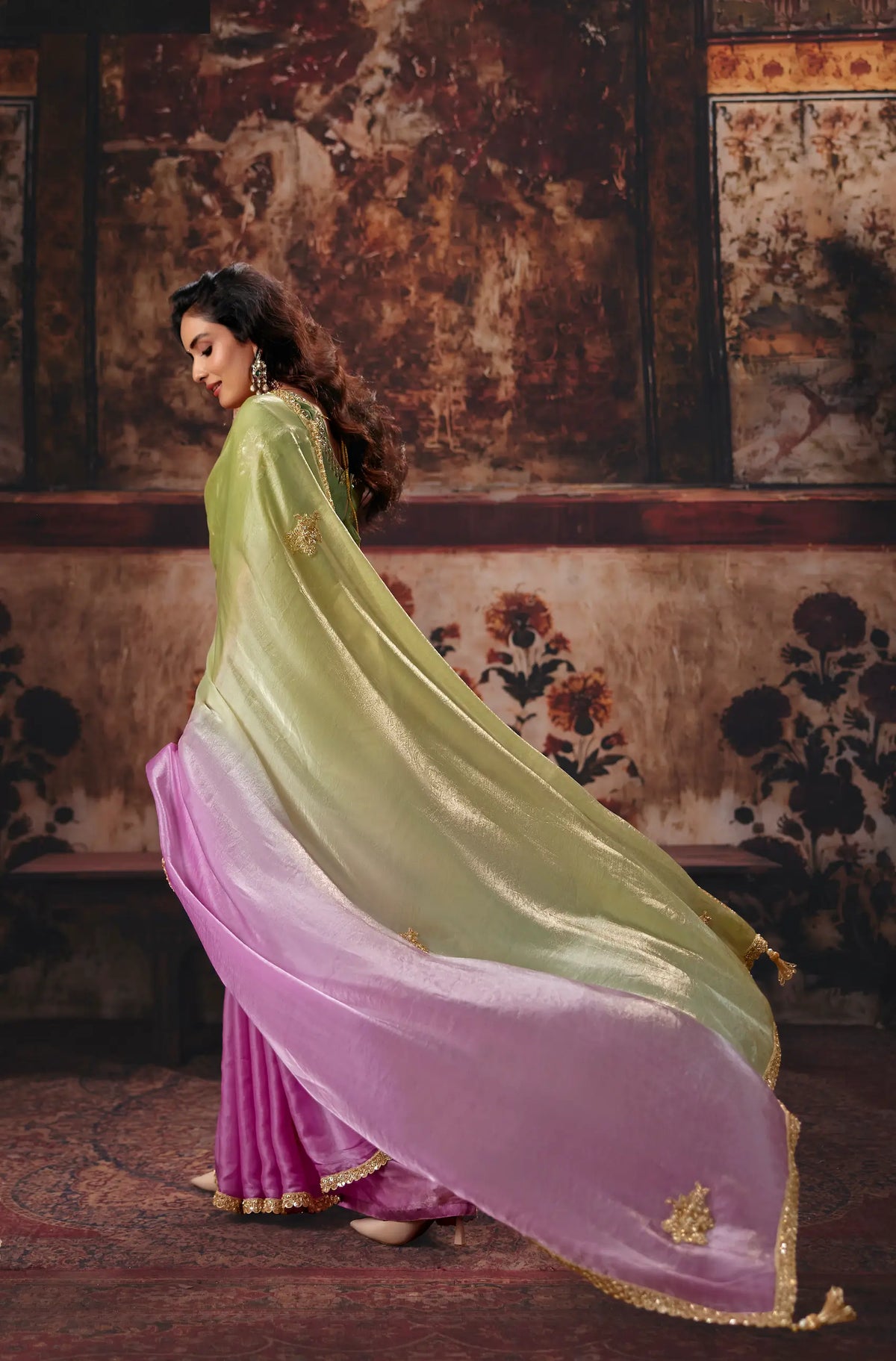 Lilac-Pastel Green Satin Embroidered Saree