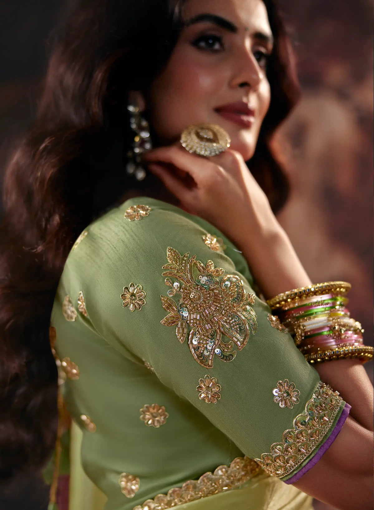 Lilac-Pastel Green Satin Embroidered Saree