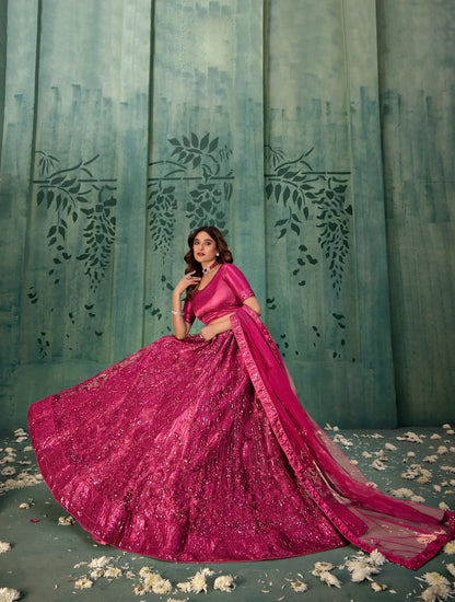 Magenta Pink Net Thread & Sequence Embroidery Work Lehenga Choli