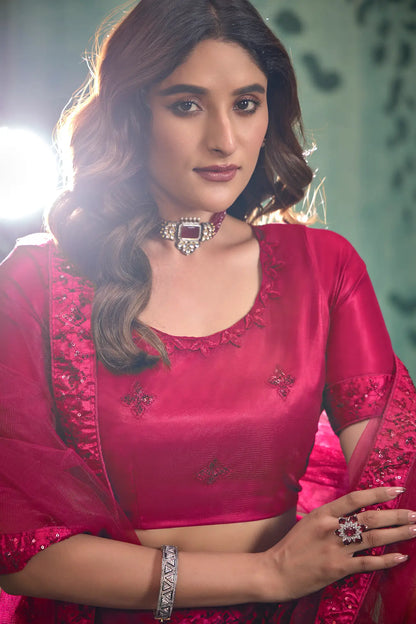 Magenta Pink Net Thread & Sequence Embroidery Work Lehenga Choli