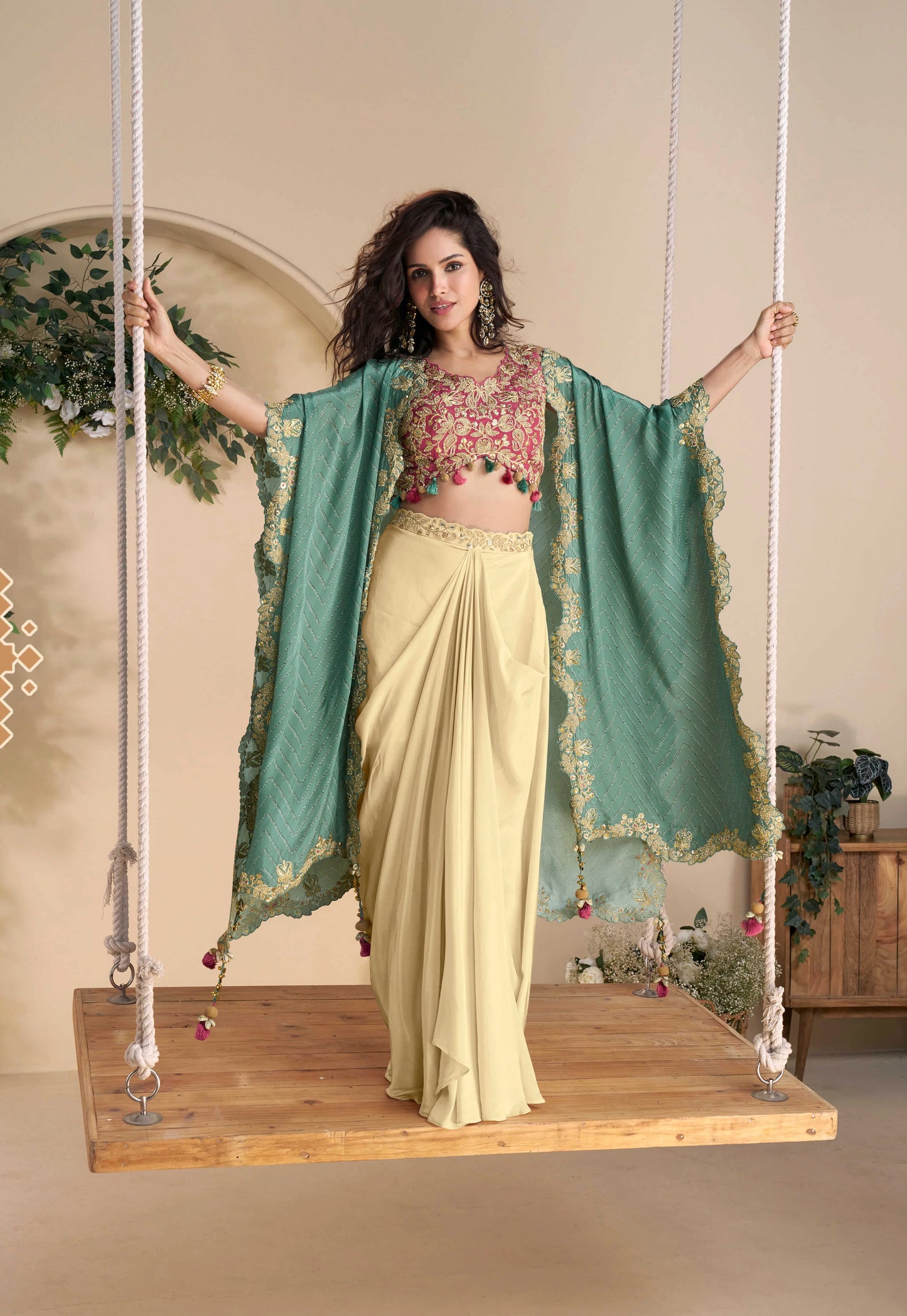 Ivory-Teal Embroidered Indo Western Set