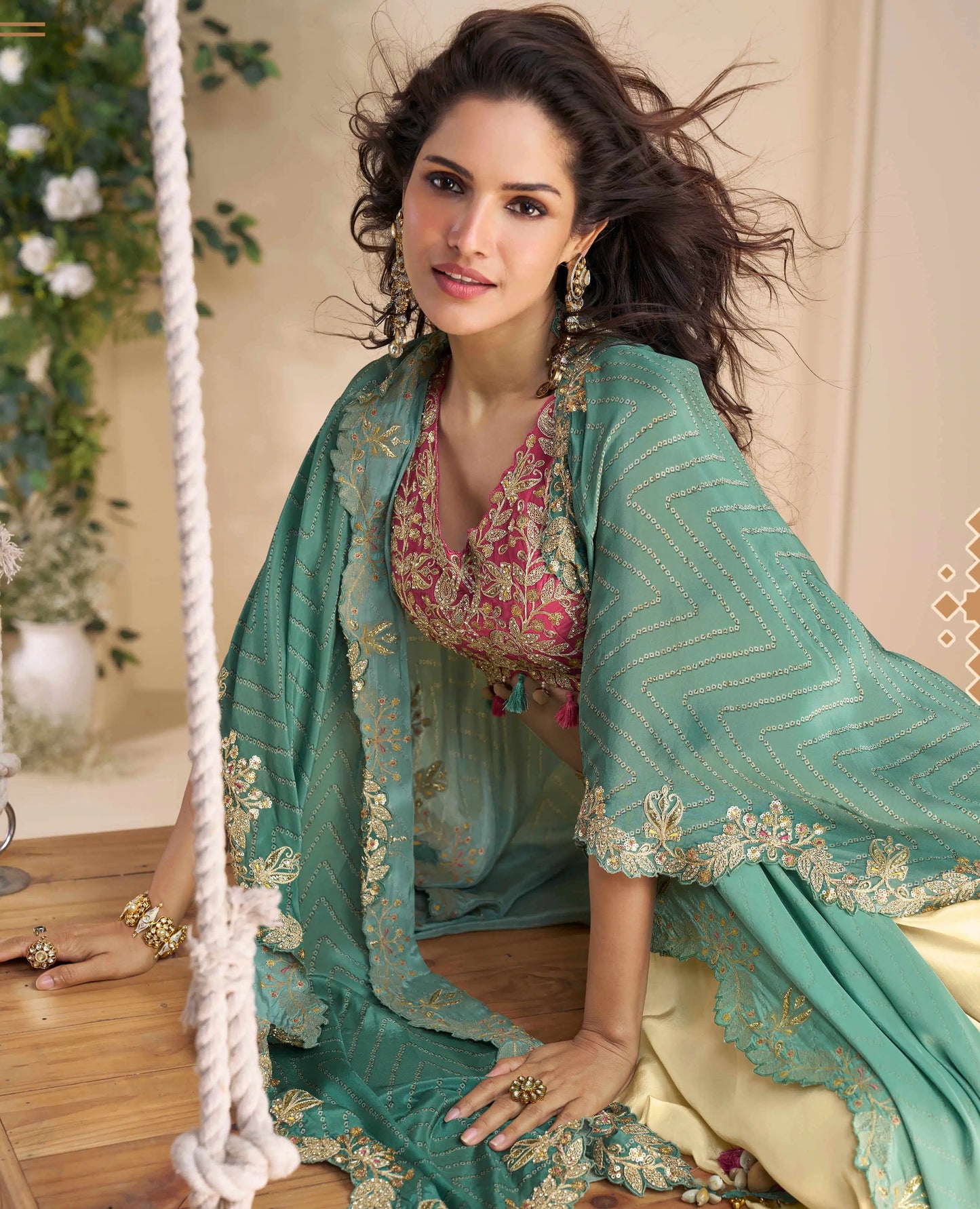 Ivory-Teal Embroidered Indo Western Set