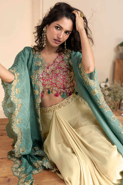 Ivory-Teal Embroidered Indo Western Set