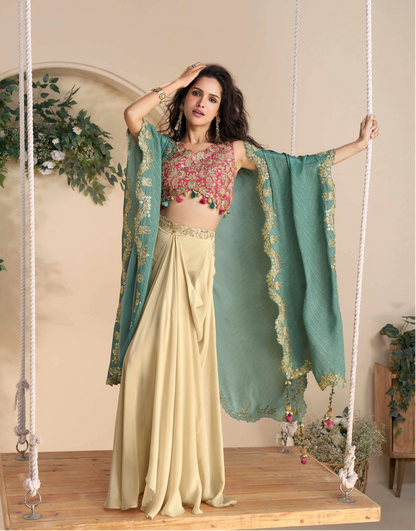 Ivory-Teal Embroidered Indo Western Set