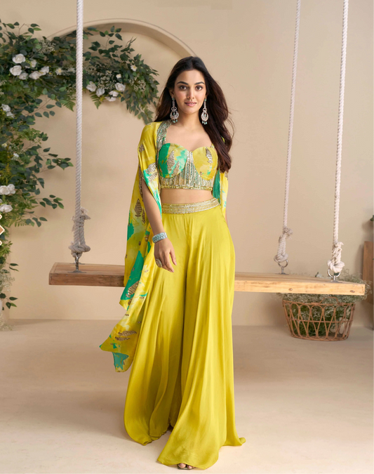 Lime Yellow Embroidered Indo Western Set