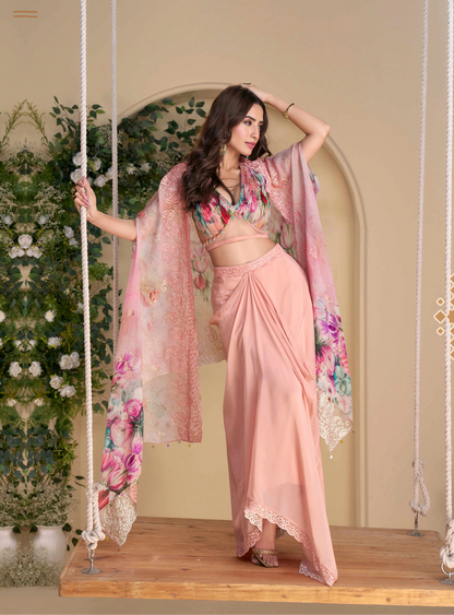 Peach Pink Embroidered Indo Western Set