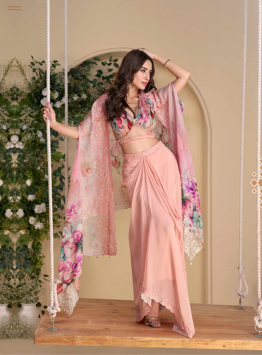 Peach Pink Embroidered Indo Western Set