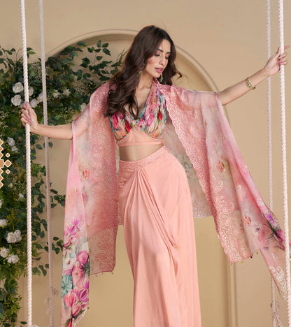 Peach Pink Embroidered Indo Western Set