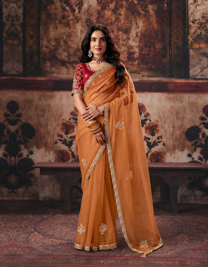 Soft Orange Organza Embroidered Saree