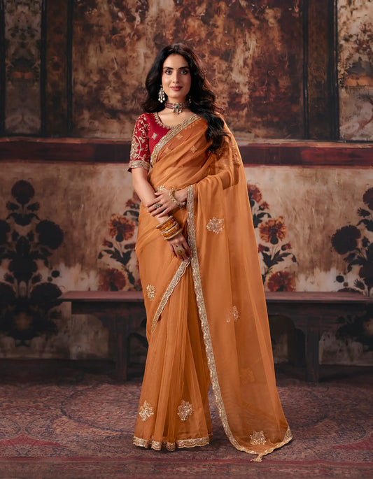 Soft Orange Organza Embroidered Saree
