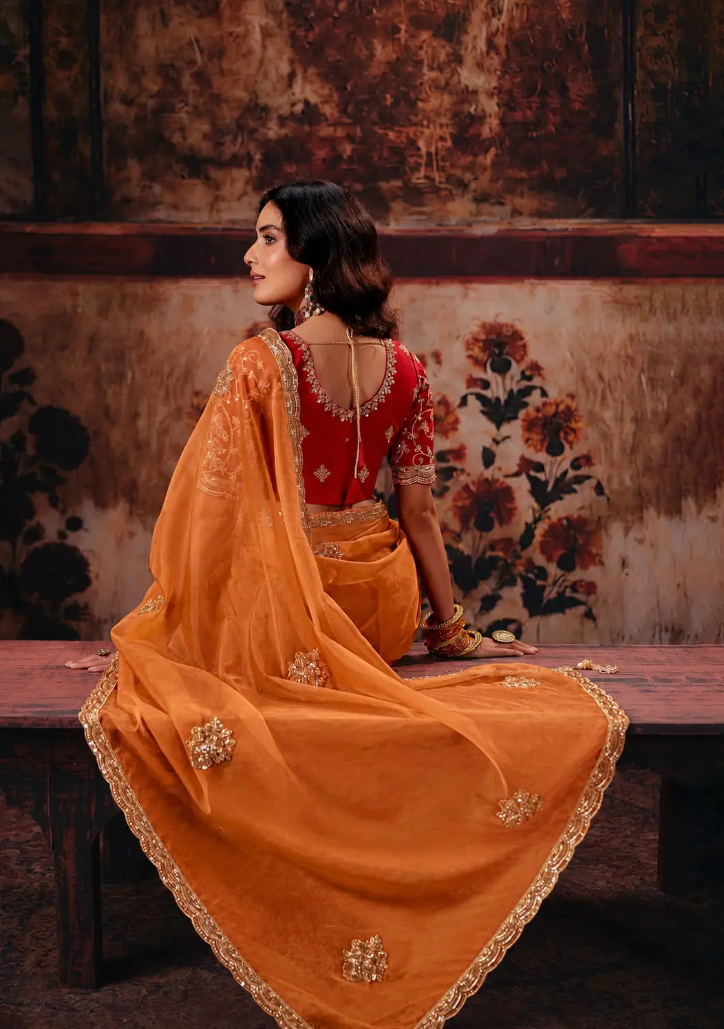 Soft Orange Organza Embroidered Saree