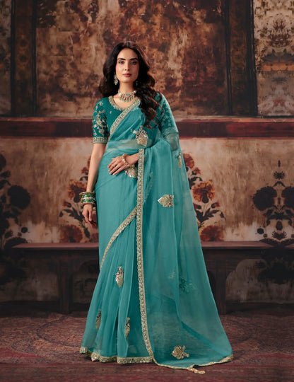 Dusty Teal Organza Embroidered Saree