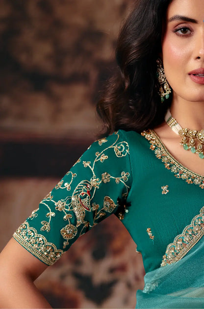 Dusty Teal Organza Embroidered Saree