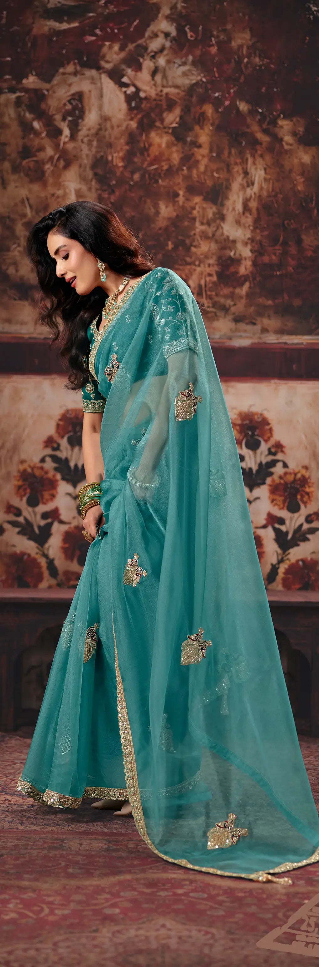 Dusty Teal Organza Embroidered Saree