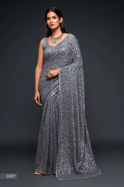 Slate Grey Georgette Saree with Thread And Multiple Sequins Embroidery Work