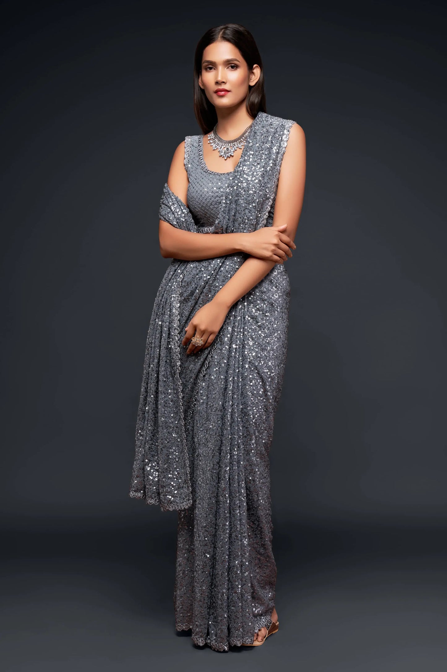 Slate Grey Georgette Saree with Thread And Multiple Sequins Embroidery Work