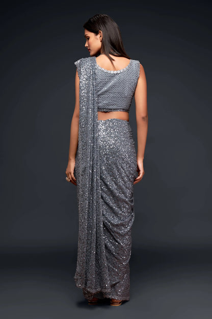 Slate Grey Georgette Saree with Thread And Multiple Sequins Embroidery Work