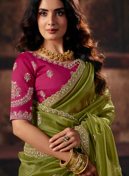 Olive Green Organza Embroidered Saree