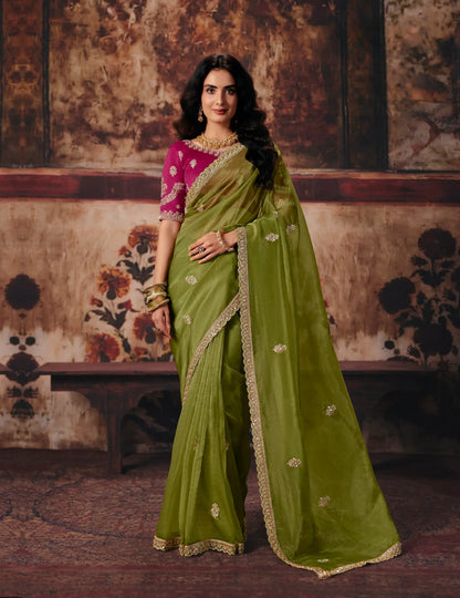 Olive Green Organza Embroidered Saree