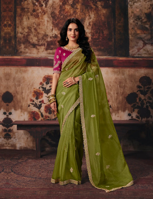 Olive Green Organza Embroidered Saree