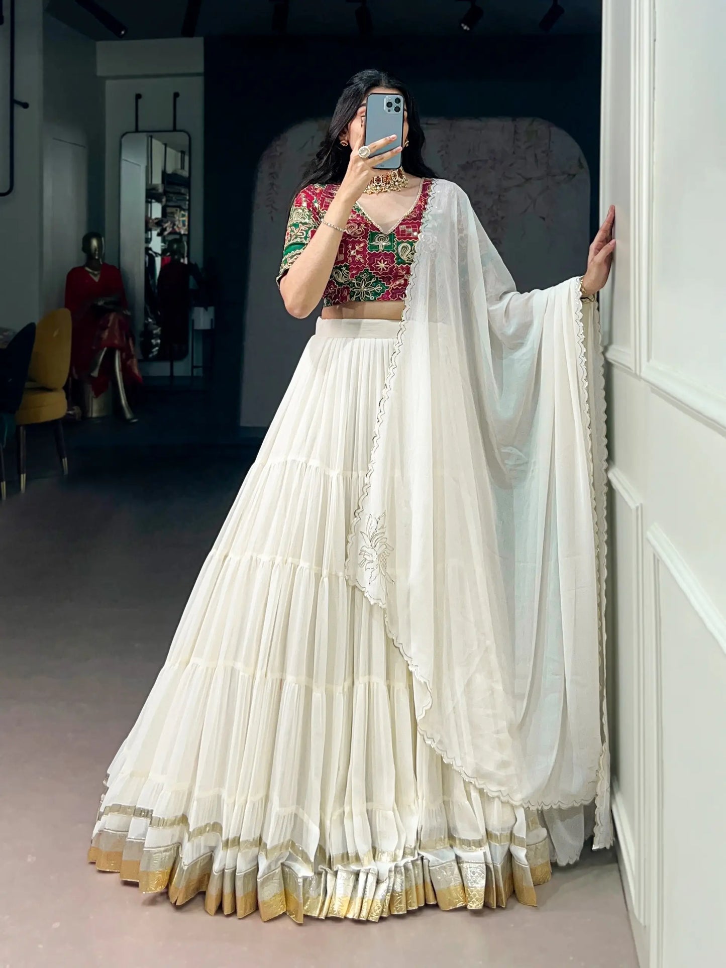 White Navratri Lehenga choli With Lace Touch Up