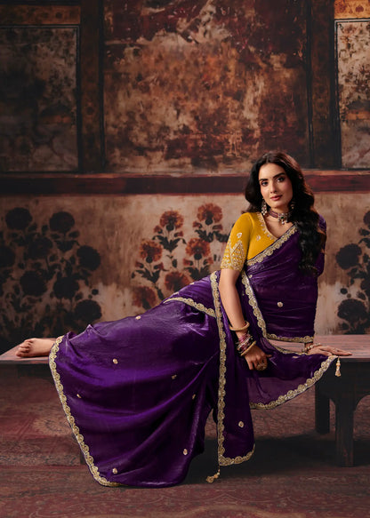 Deep Purple Satin Embroidered Saree