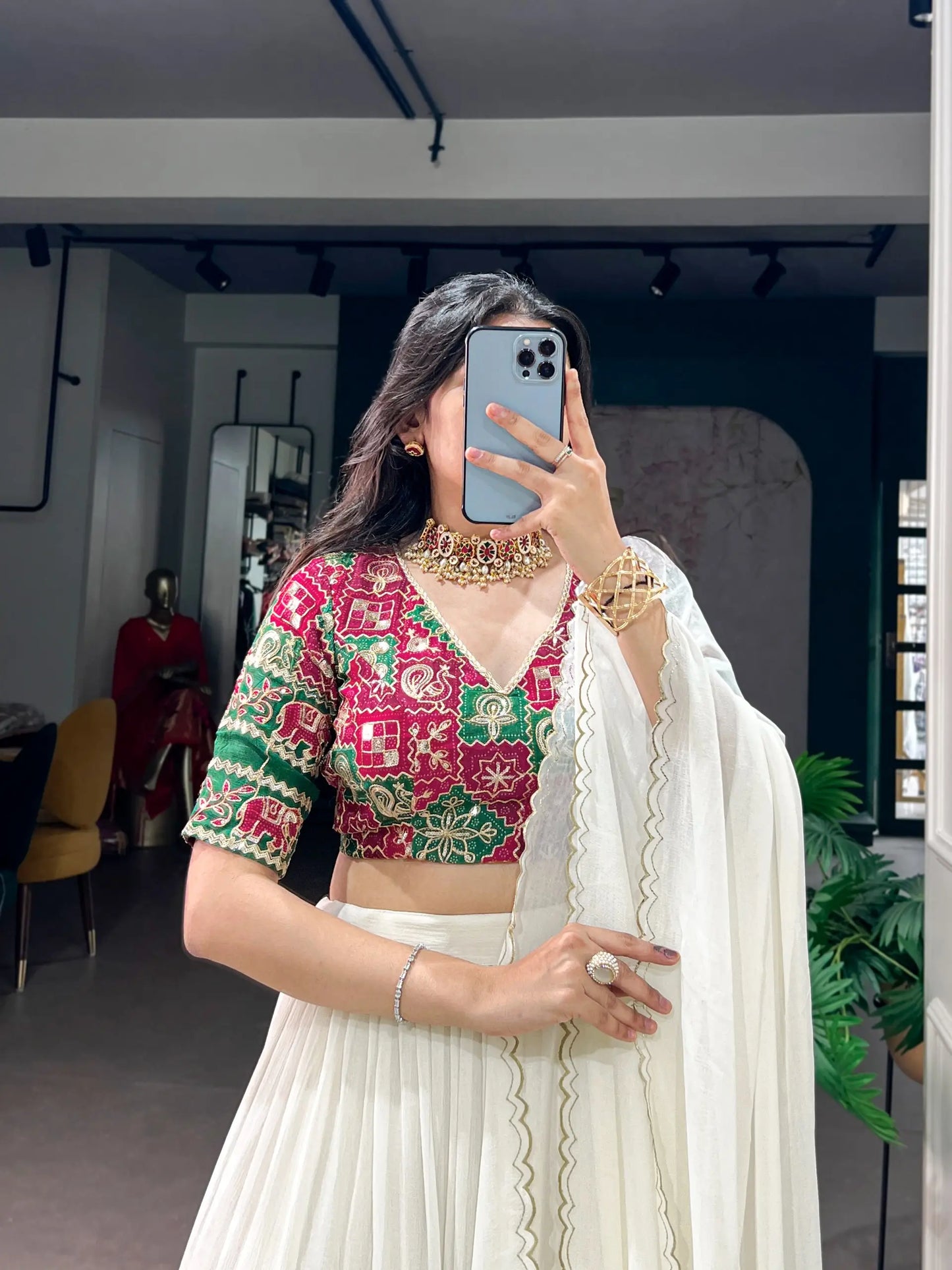White Navratri Lehenga choli With Lace Touch Up