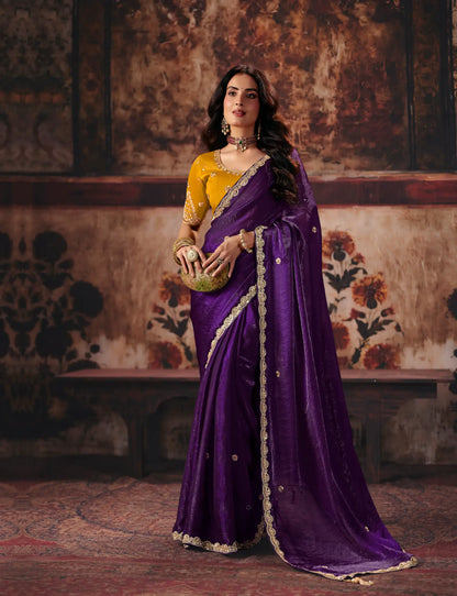 Deep Purple Satin Embroidered Saree