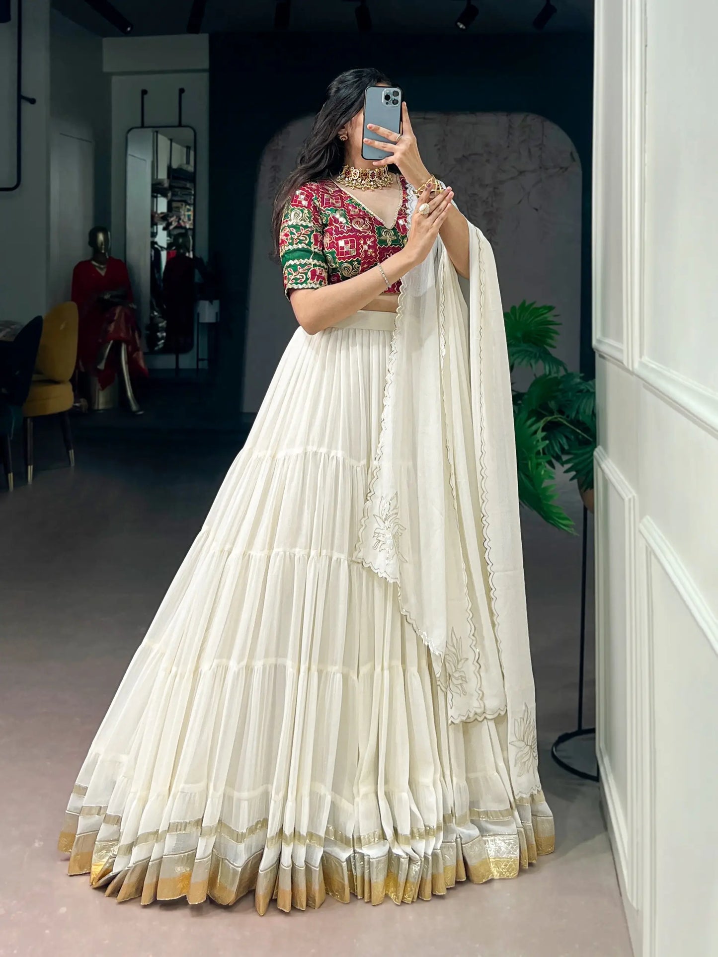 White Navratri Lehenga choli With Lace Touch Up