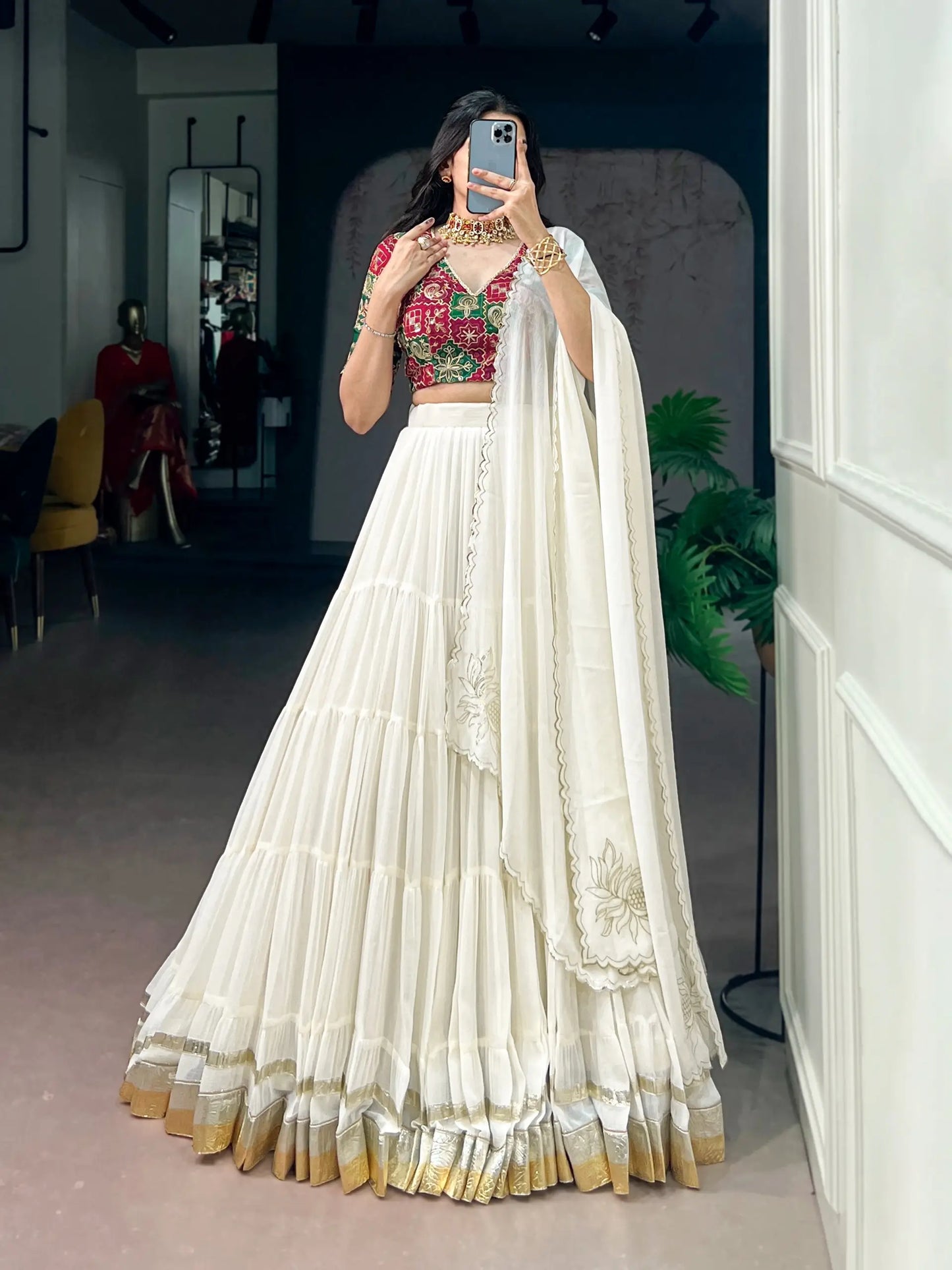 White Navratri Lehenga choli With Lace Touch Up