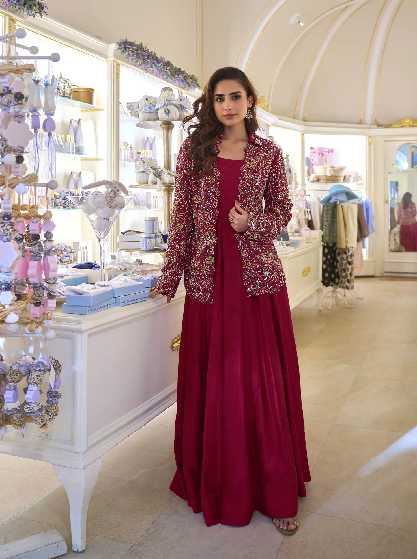 Deep Pink Silk Gown With Embroidered Jacket