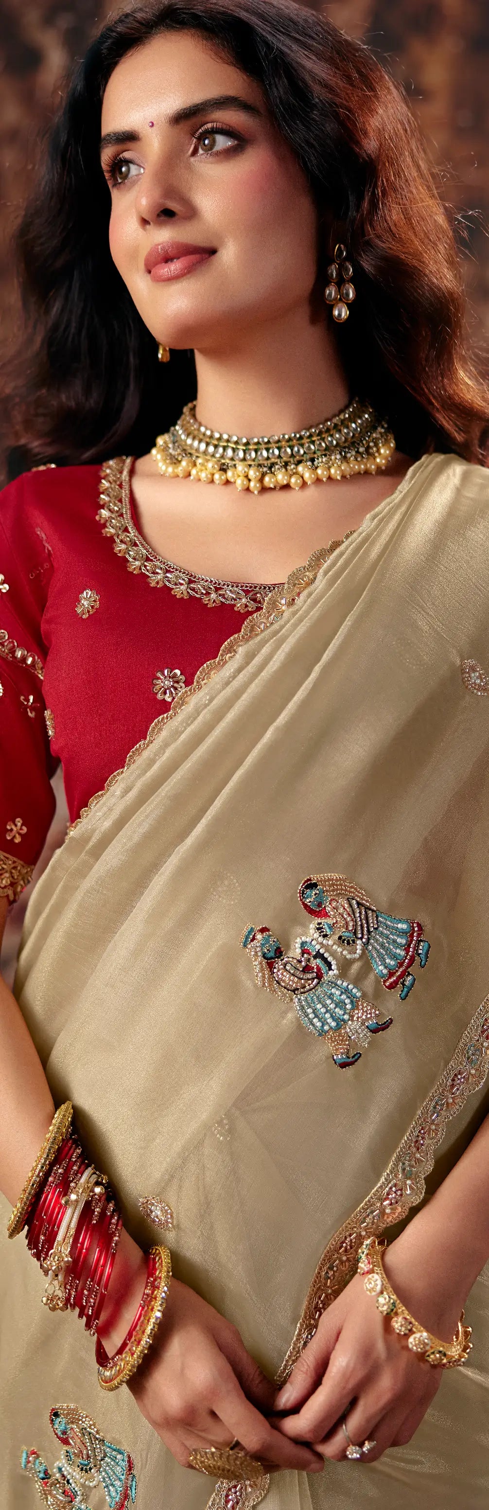 Sand Beige Organza Embroidered Saree