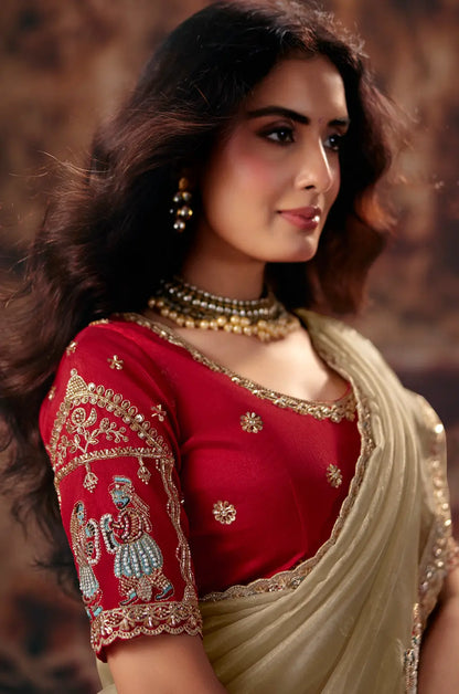 Sand Beige Organza Embroidered Saree