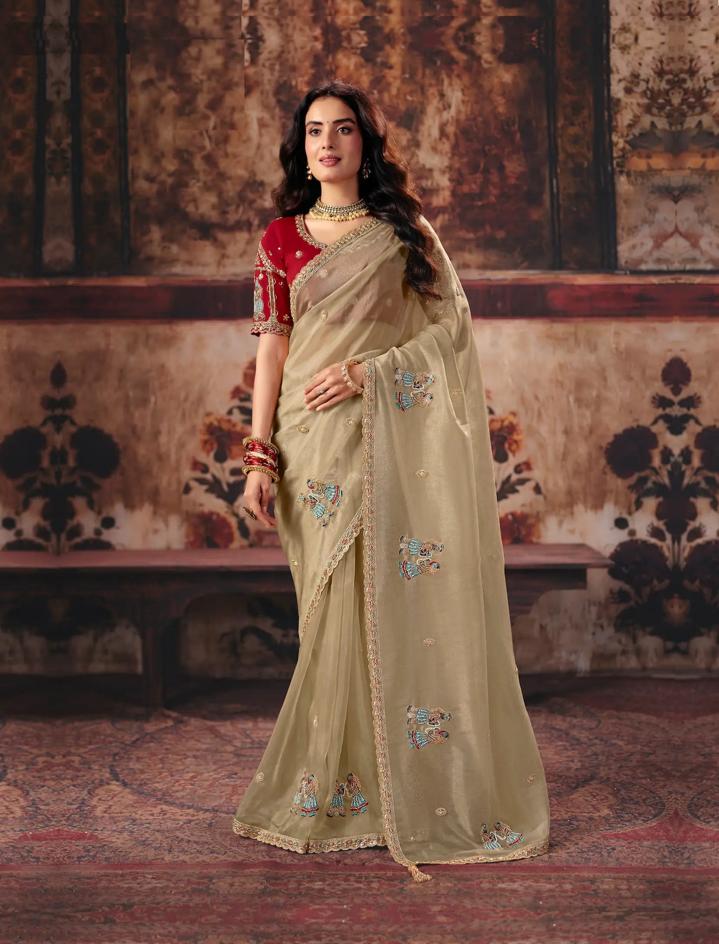 Sand Beige Organza Embroidered Saree