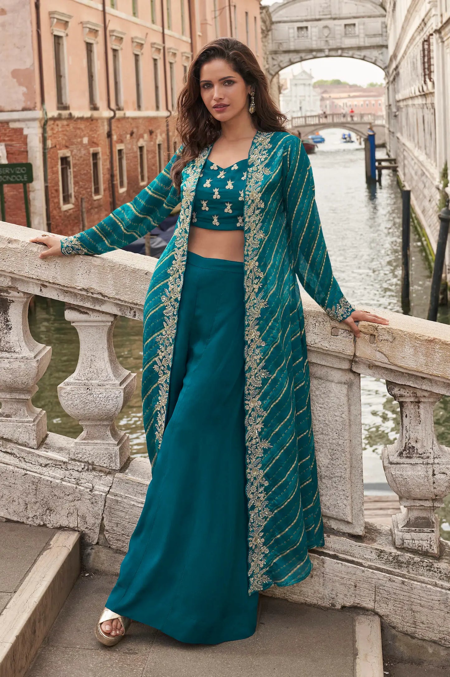 Teal Blue Embroidered Indo Western Set