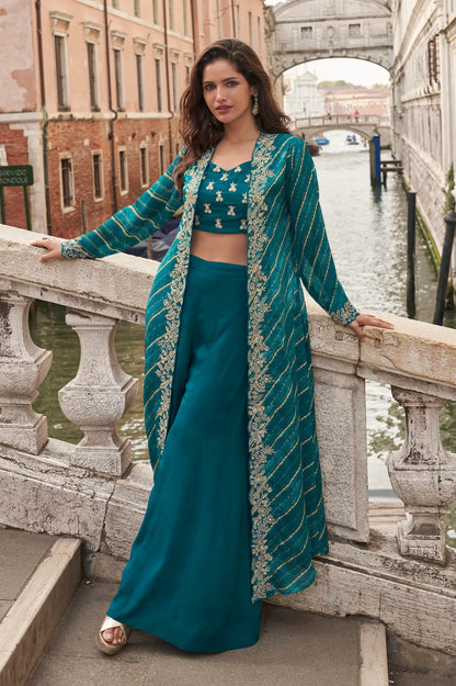 Teal Blue Embroidered Indo Western Set