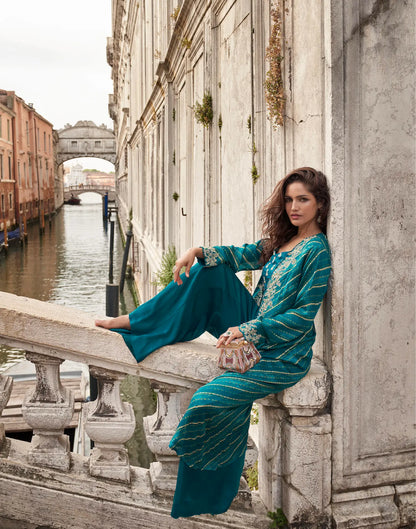 Teal Blue Embroidered Indo Western Set