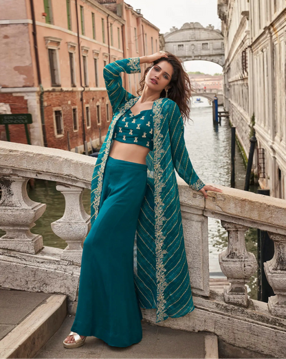 Teal Blue Embroidered Indo Western Set