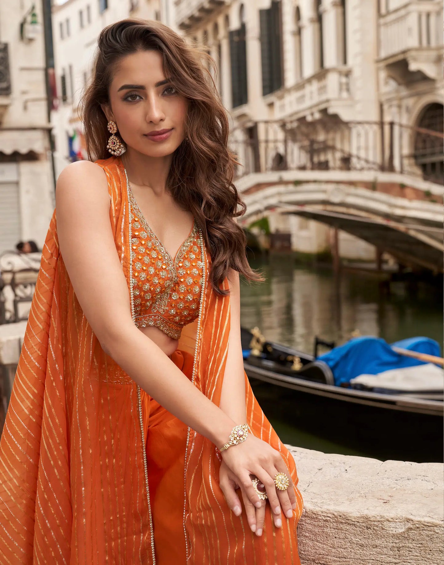 Bright Orange Embroidered Indo Western Set