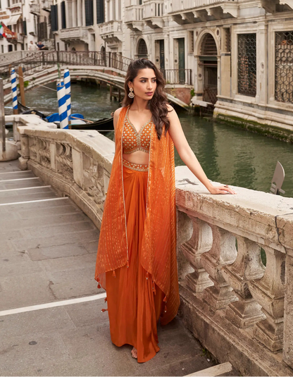 Bright Orange Embroidered Indo Western Set