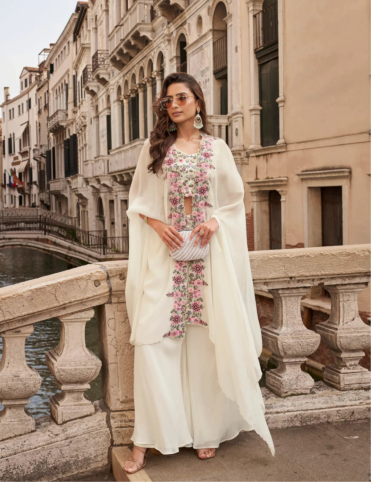 Pearl White Embroidered Indo Western Set