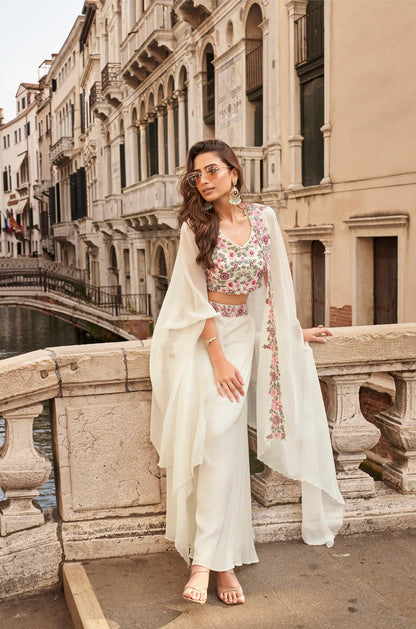 Pearl White Embroidered Indo Western Set