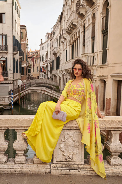 Lemon Yellow Embroidered Indo Western Set