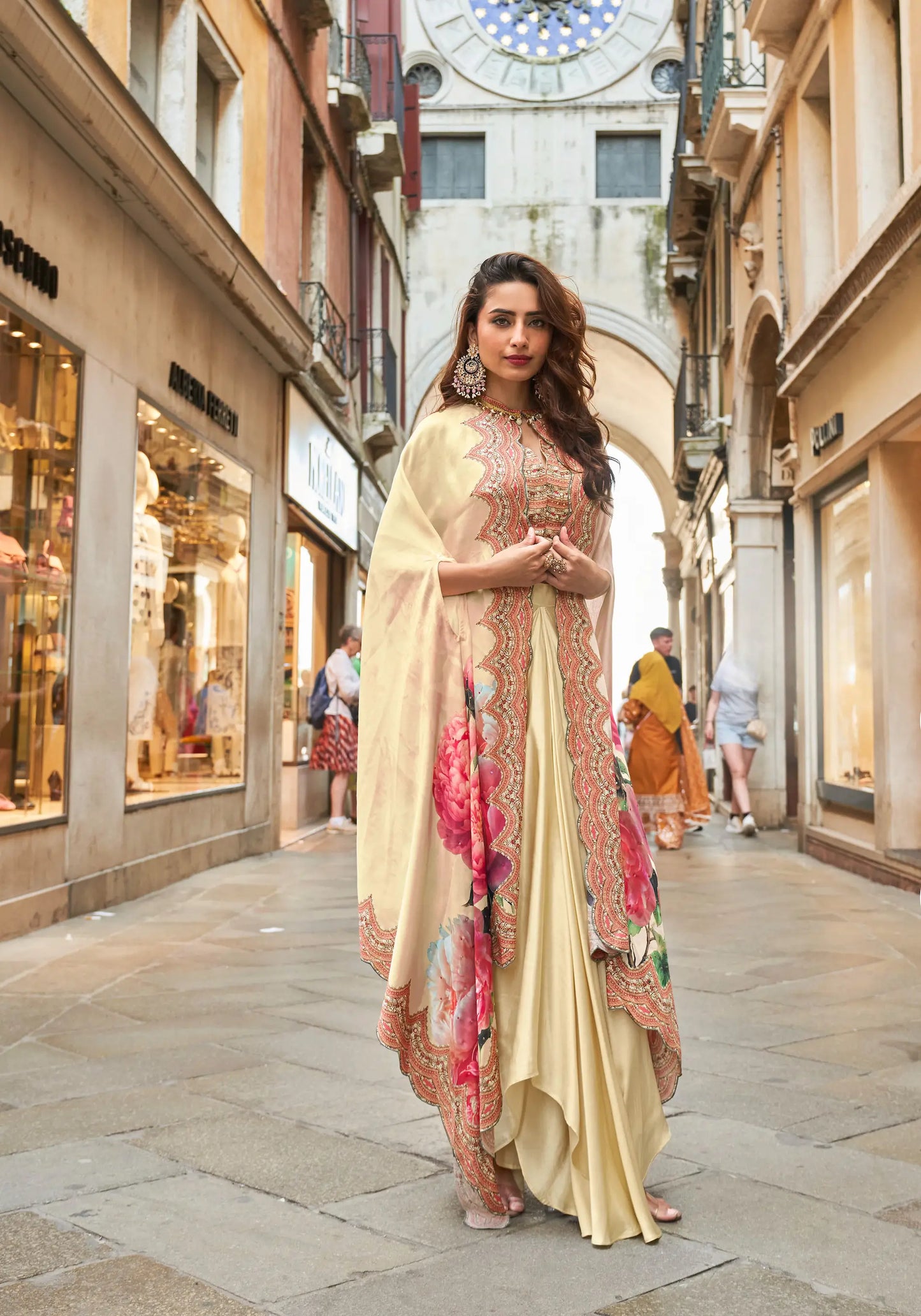 Tan Beige Indo Western Set With Print & Hand Work