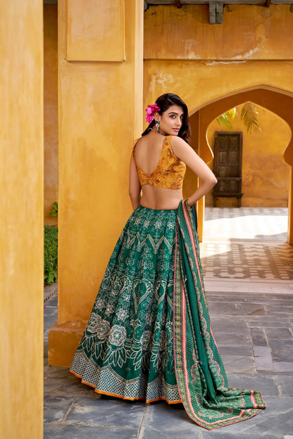 Bottle Green Silk Printed Lehenga Choli