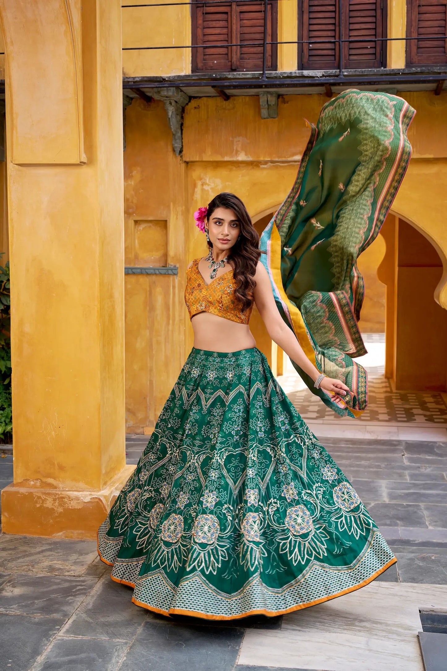 Bottle Green Silk Printed Lehenga Choli