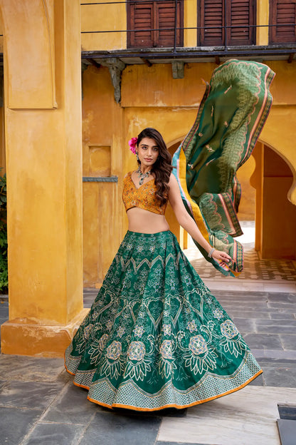 Bottle Green Silk Printed Lehenga Choli